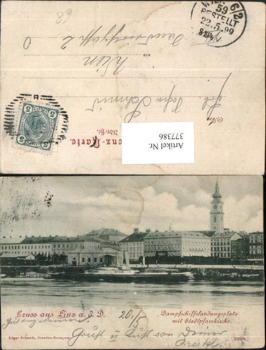 377386,Gruß aus Linz an d. Donau Dampfschiffslandungsplatz Dampfer m. Kirche