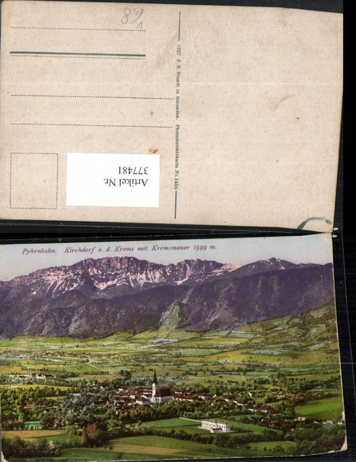 377481,Kirchdorf an d. Krems Totale m. Kremsmauer Bergkulisse pub F. E. Brandt 1455