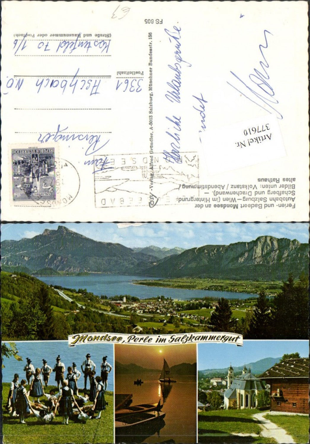 377610, Mondsee Total Church Town Hall Folk Dance Traditional Costume Sailboat Multi-view postcard