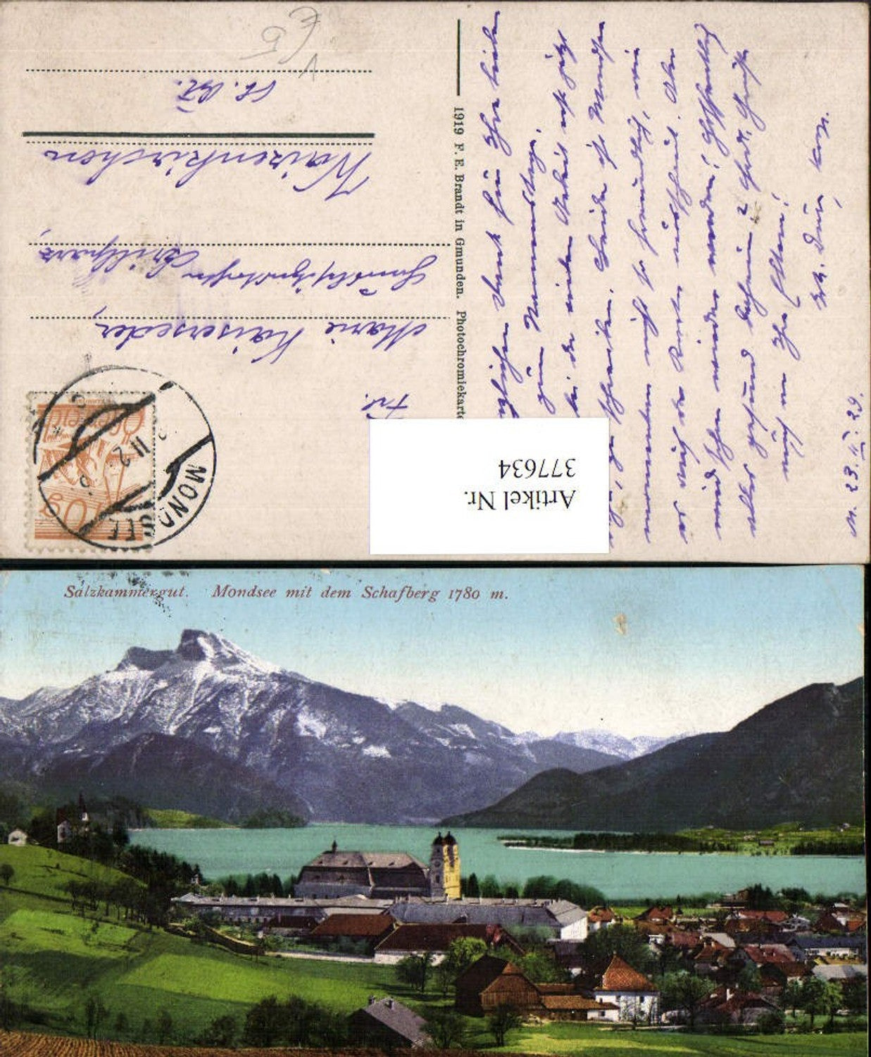 377634,Mondsee Totale m. Schafberg Bergkulisse pub F. E. Brandt 192