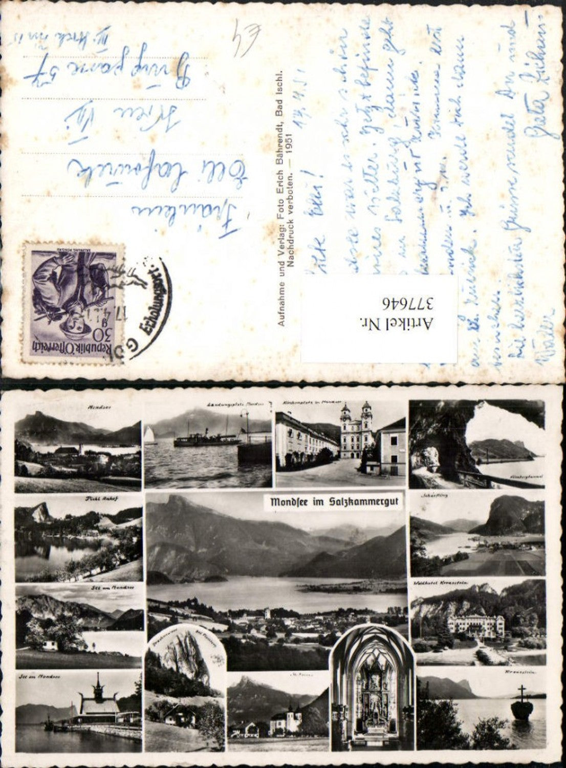377646,Mondsee Totale Kloster Kirche Dampfer Schiff Waldhotel Tunnel Mehrbildkarte