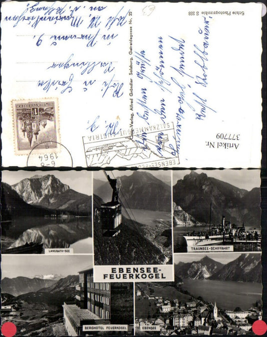 377709,Ebensee Totale Seilbahn Berghotel Feuerkogel Langbath-See Dampfer Mehrbildkarte