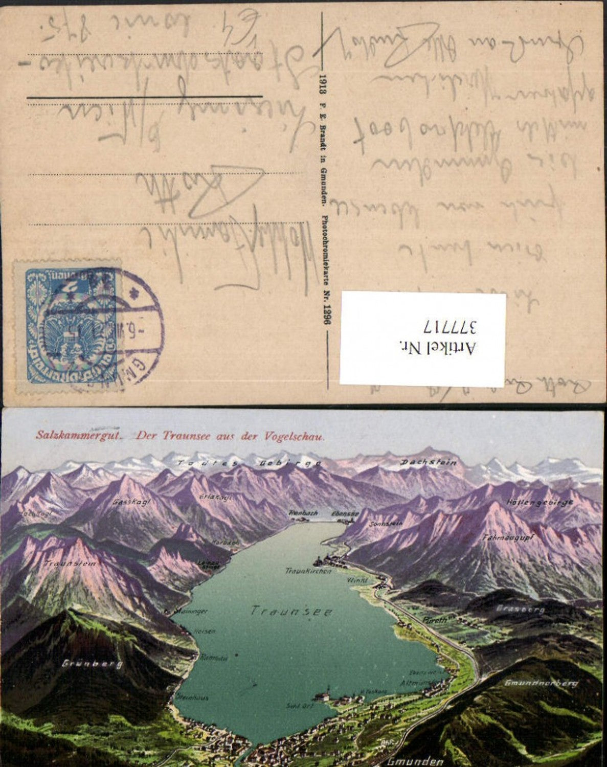377717,Traunsee See aus d. Vogelschau Gmunden Traunkirchen pub F. E. Brandt 1296