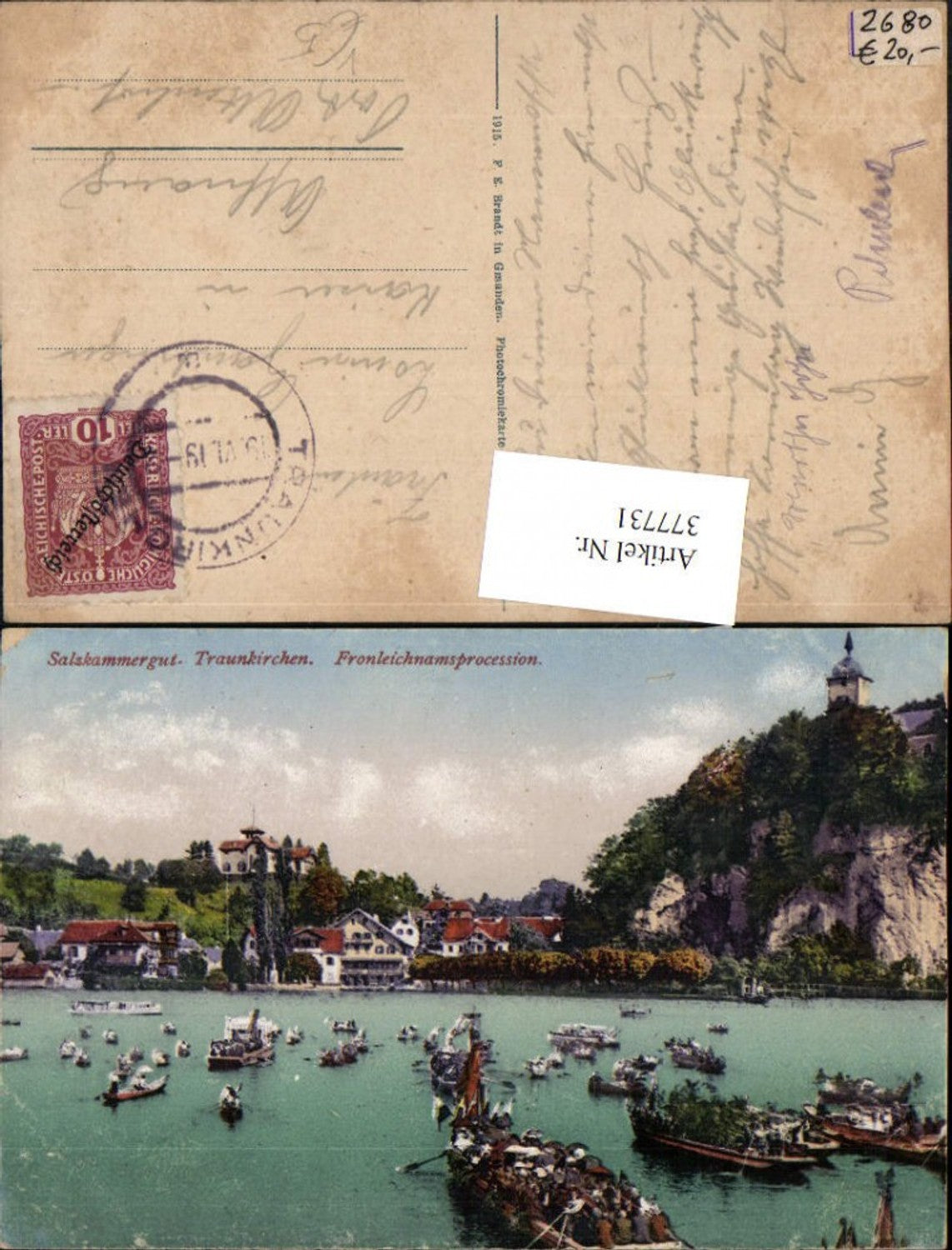 377731,Traunkirchen Teilansicht Fronleichnamsprozession Boote pub F. E. Brandt 1408