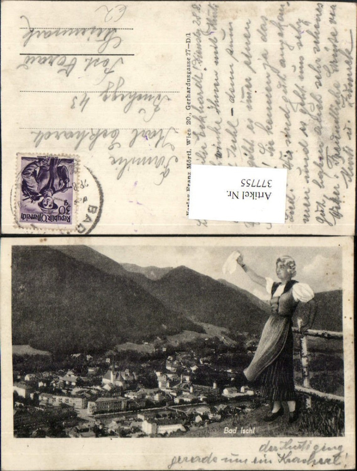 377755,Bad Ischl Totale Bergkulisse Frau in Tracht m. Tuch