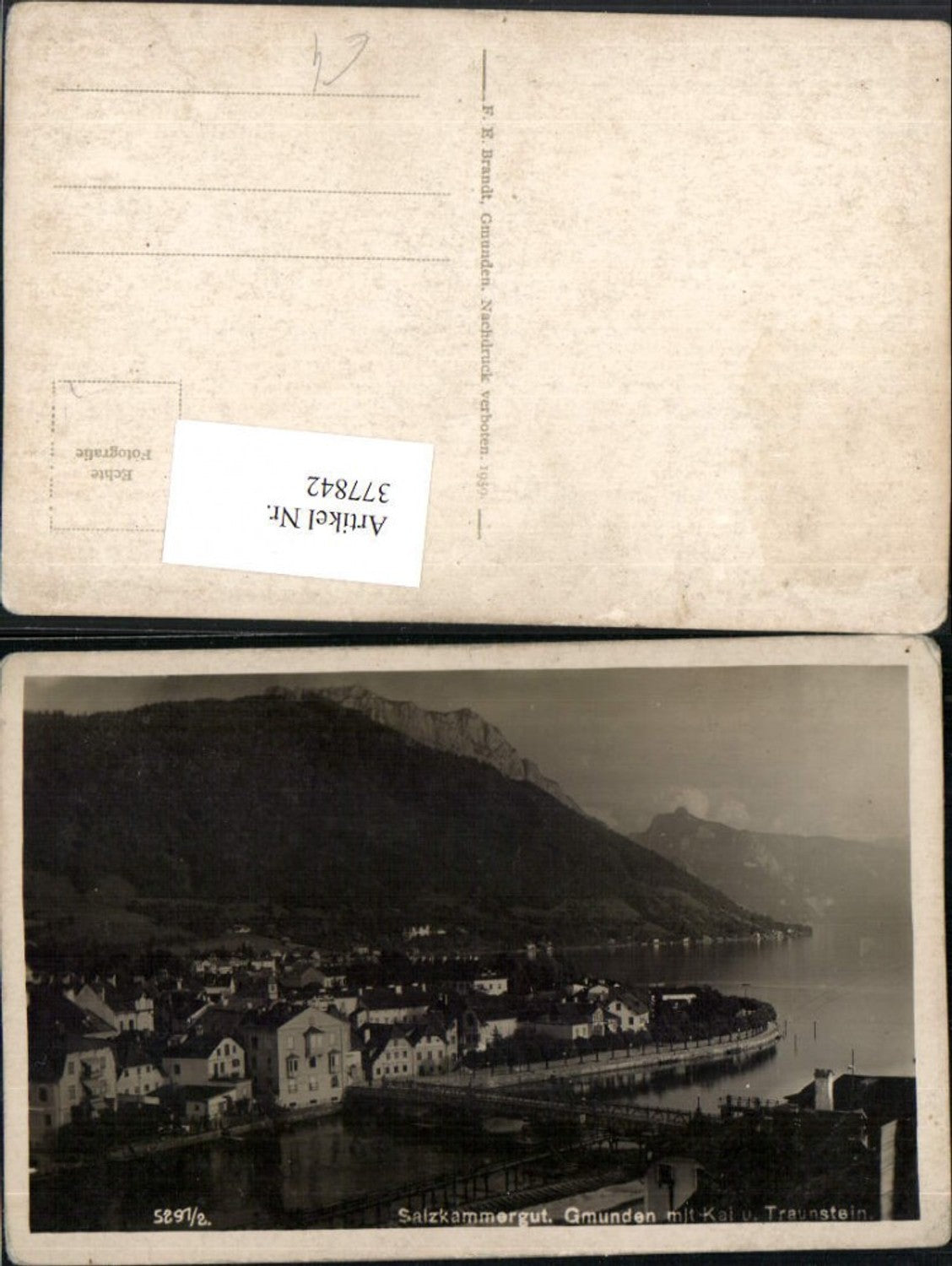 377842,Gmunden Teilansicht m. Kai Brücke u. Traunstein Bergkulisse pub F. E. Brandt 5291/2