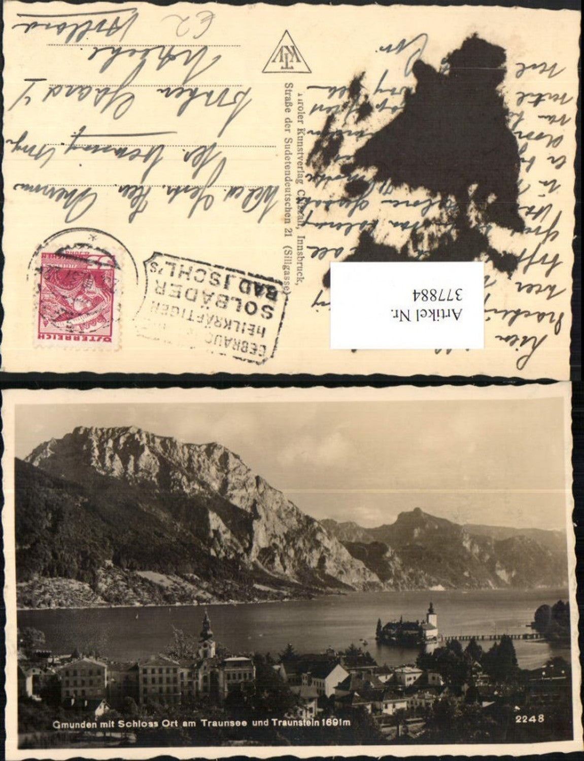 377884,Gmunden Teilansicht m. Schloss Ort Orth am Traunsee u. Traunstein Bergkulisse