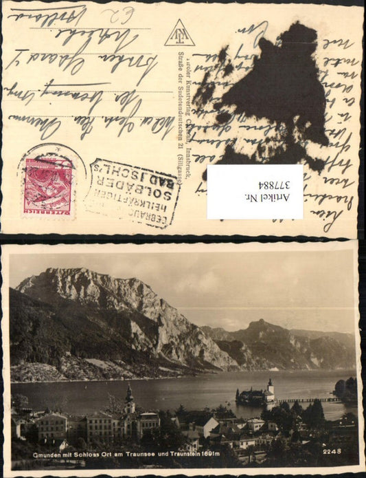 377884,Gmunden Teilansicht m. Schloss Ort Orth am Traunsee u. Traunstein Bergkulisse