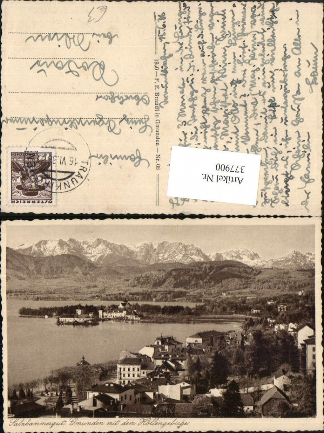 377900,Gmunden Teilansicht m. Schloss u. Höllengebirge Bergkulisse pub F. E. Brandt 06