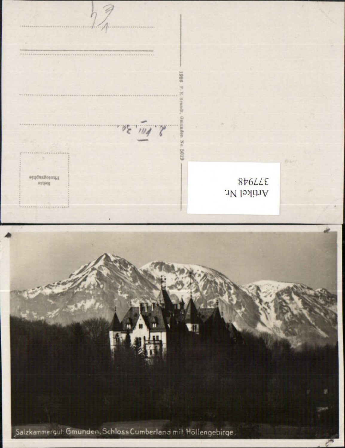 377948,Gmunden Schloss Cumberland m. Höllengebirge Bergkulisse pub F. E. Brandt 5019