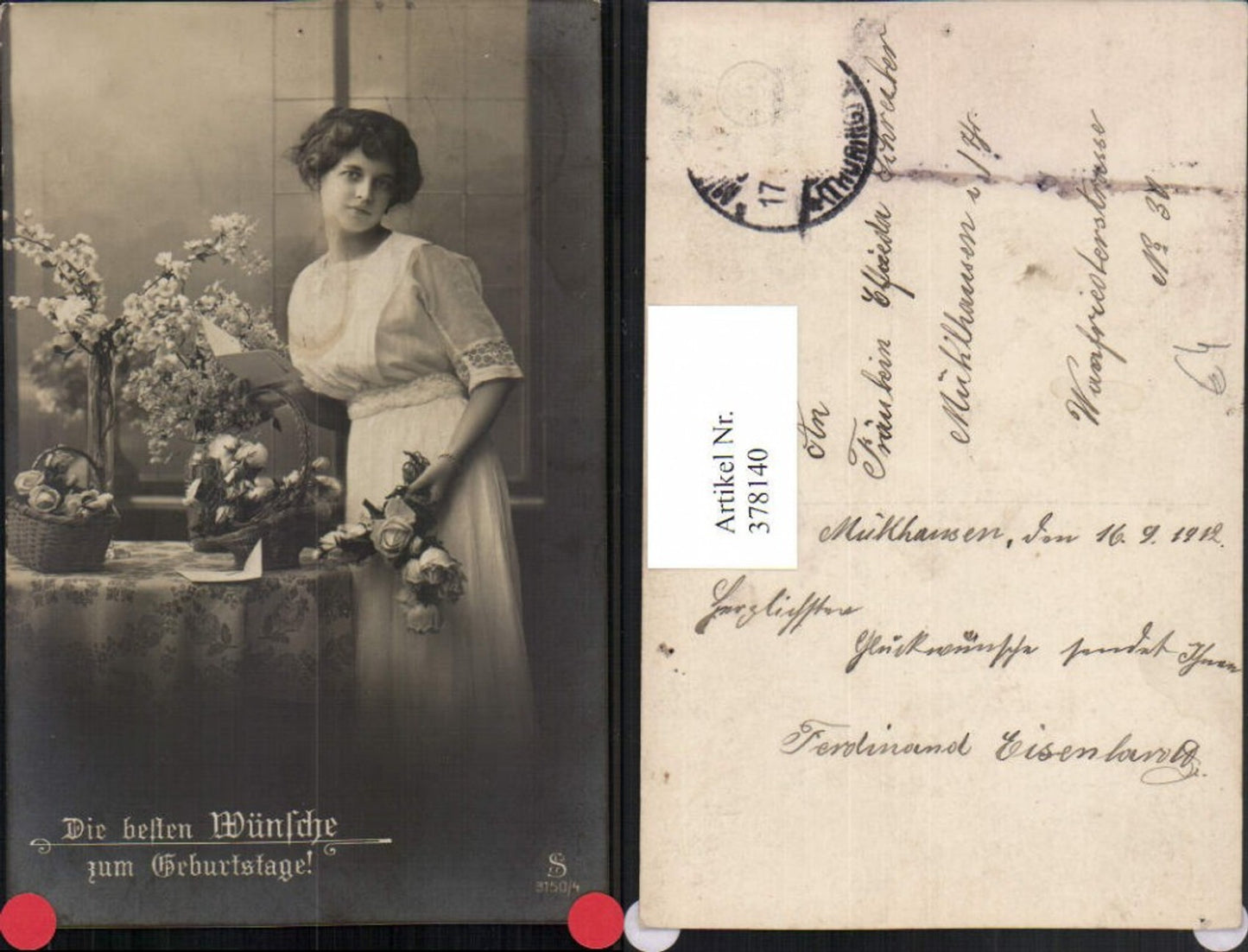 378140,Die besten Wünsche zum Geburtstag Frau m. Kleid Rosen Blumen Körbe