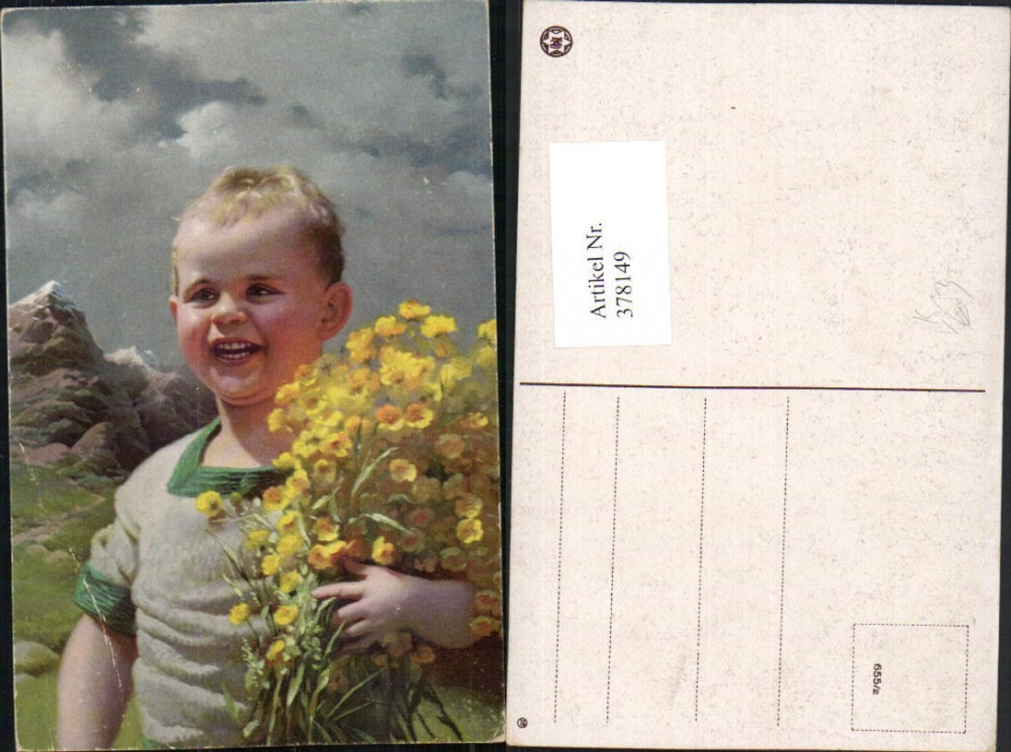 378149,Künstler AK Junge Bub lächelt Blumenstrauß Blumen Bergkulisse pub Novolito 655/2