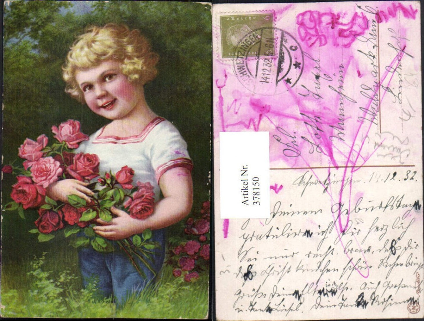 378150,Künstler AK Kind m. Rosenstrauß Rosen