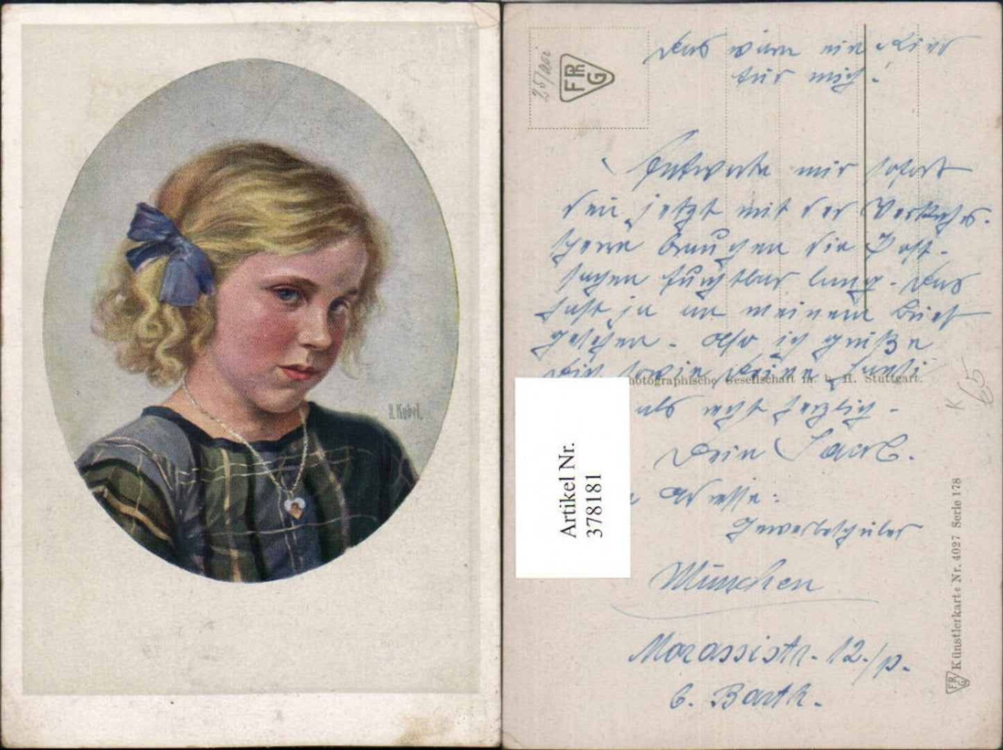 378181,Künstler AK Otto Kubel Kind Mädchen m. Schleife Halskette Portrait