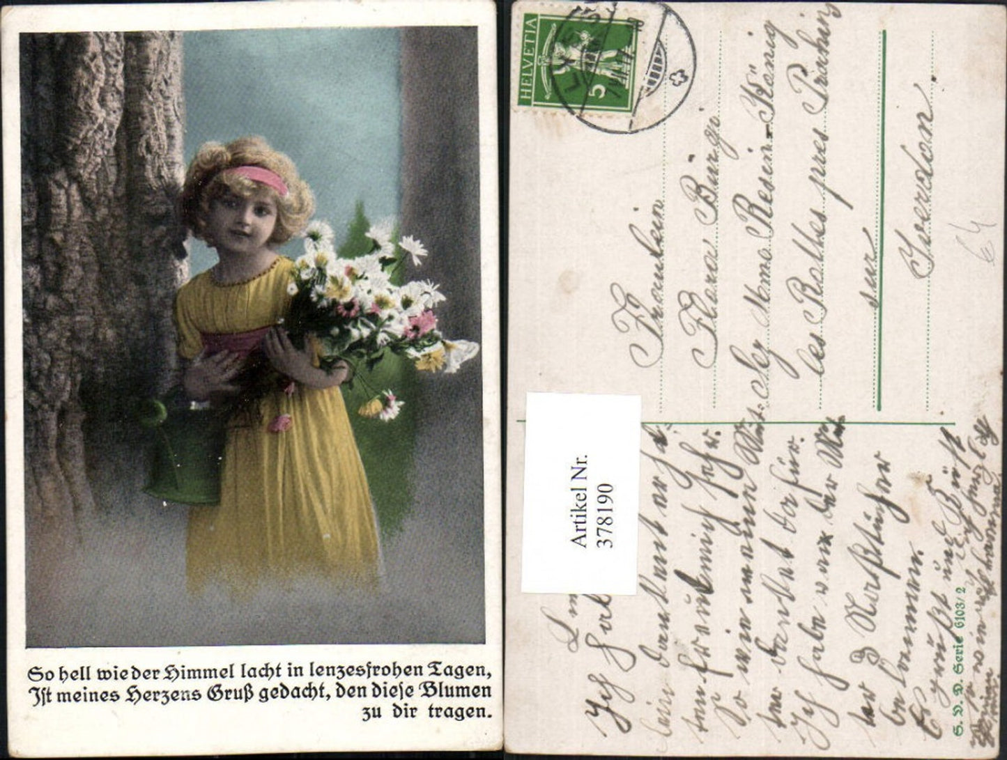 378190,Kind Mädchen m. Kleid Blumenstrauß Blumen Gießkanne Spruch