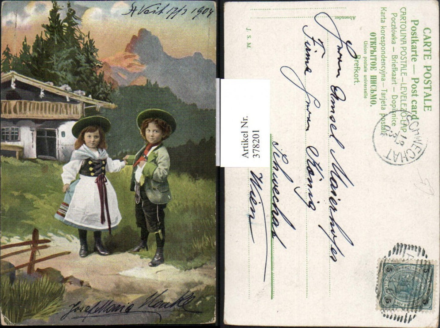 378201,Künstler AK Kinder in Tracht Hüte Almhütte Bergkulisse