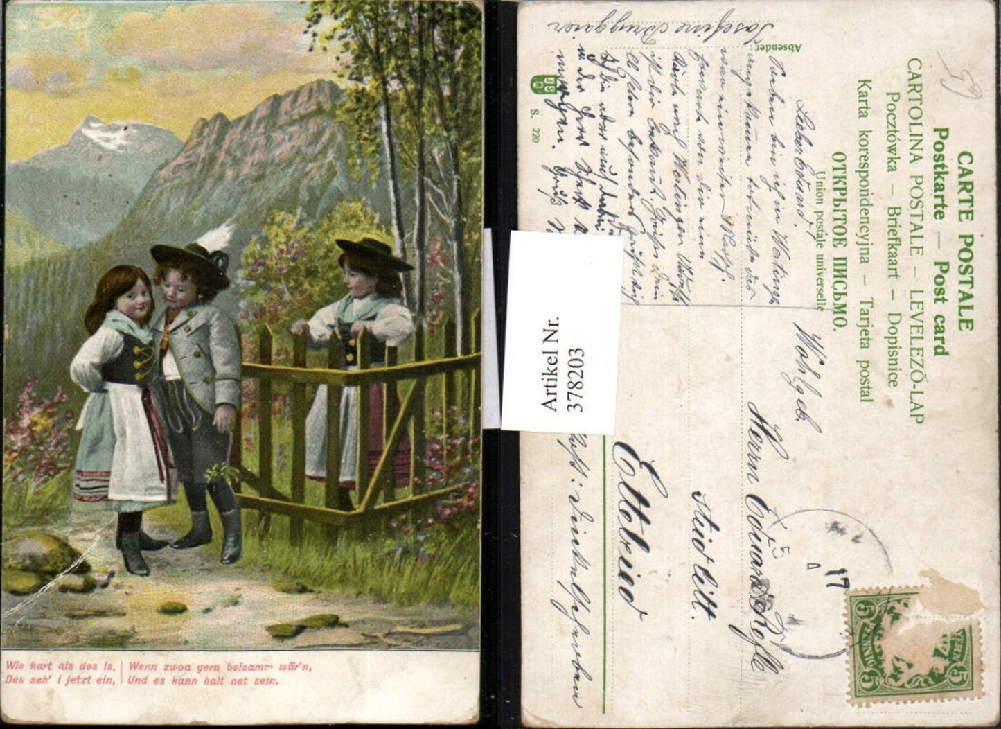 378203,Künstler AK Kinder Liebe Tracht Bergkulisse Spruch