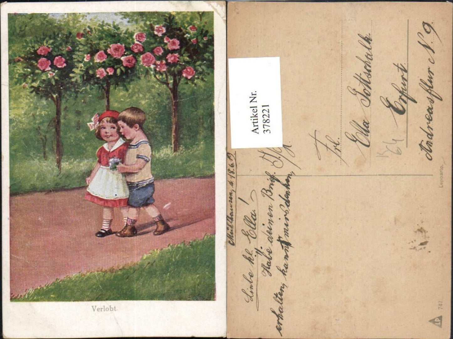 378221,Künstler AK Verlobt Kinder Liebe Rosenstrauch Rosen