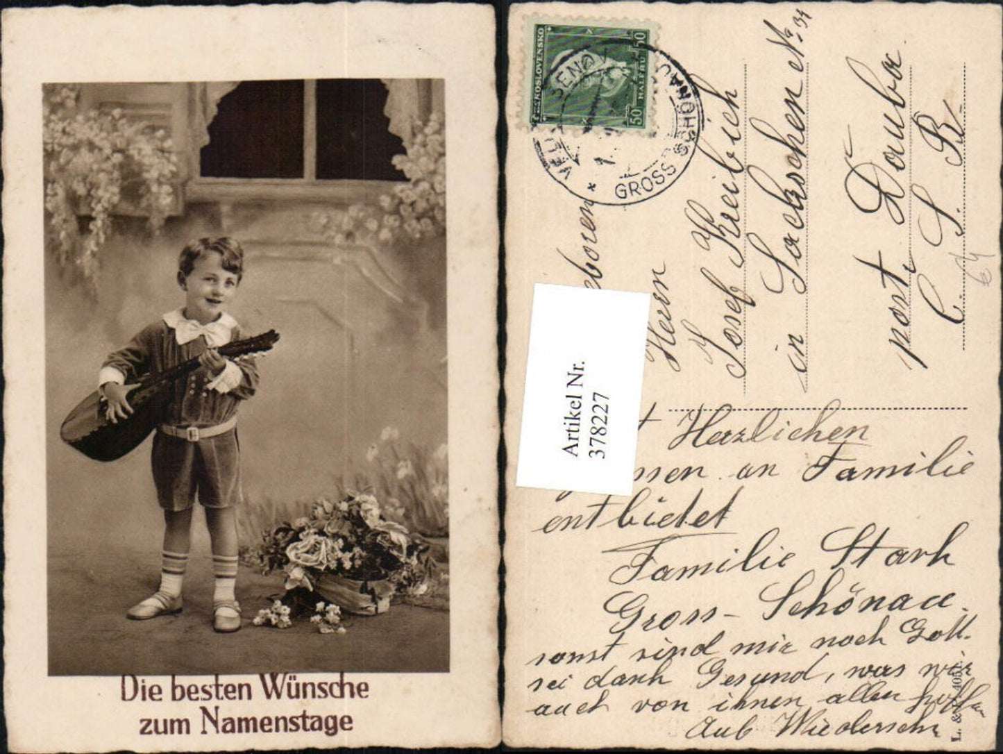 378227,Namenstag Junge Bub m. Mandoline Blumen