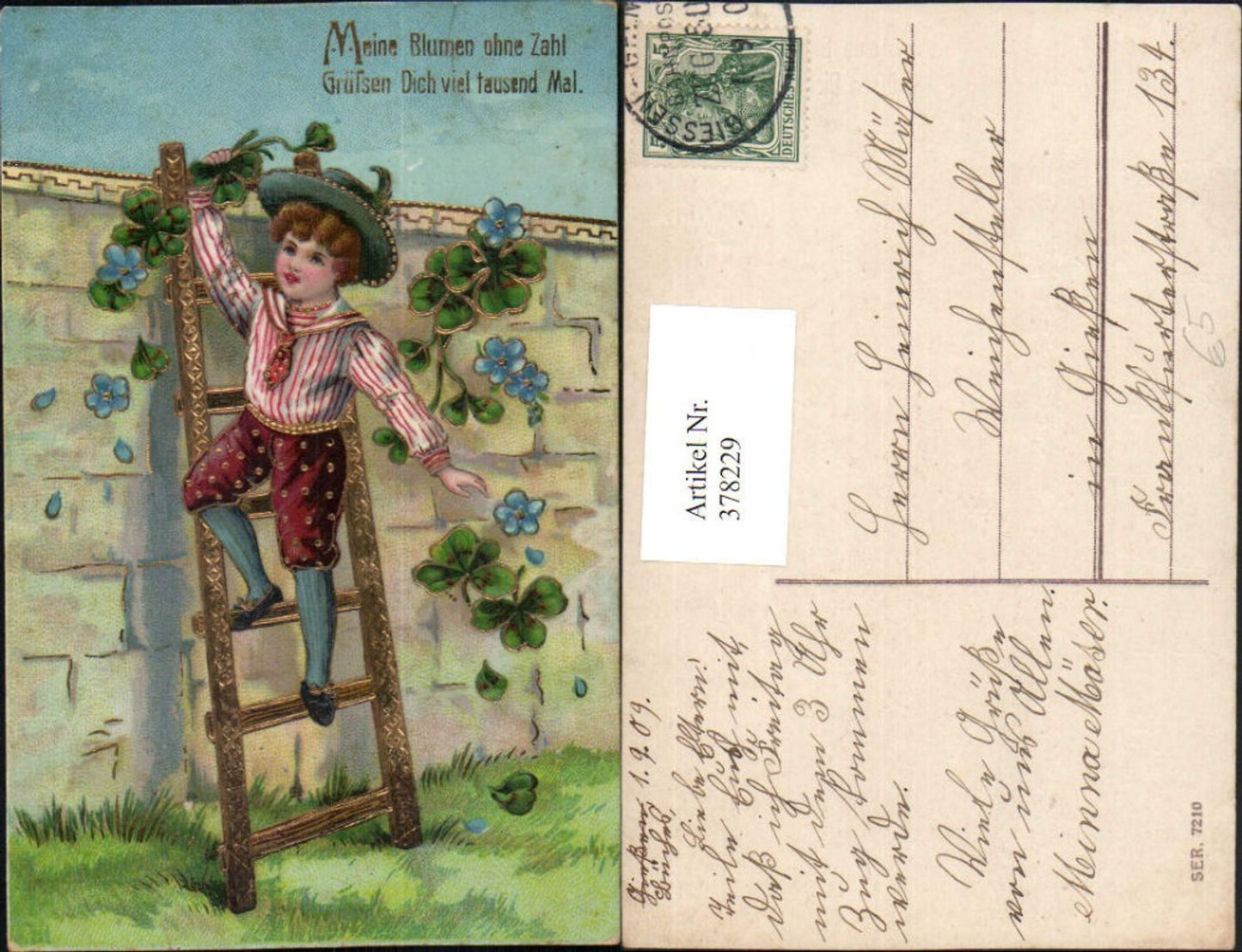 378229,Künstler AK Goldverzierung Junge Bub m. Federhut Leiter Steinmauer Klee Blumen