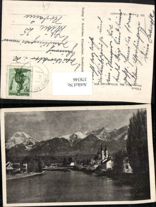 378346,Villach Draupartie Fluss m. Mittagskogel Bergkulisse