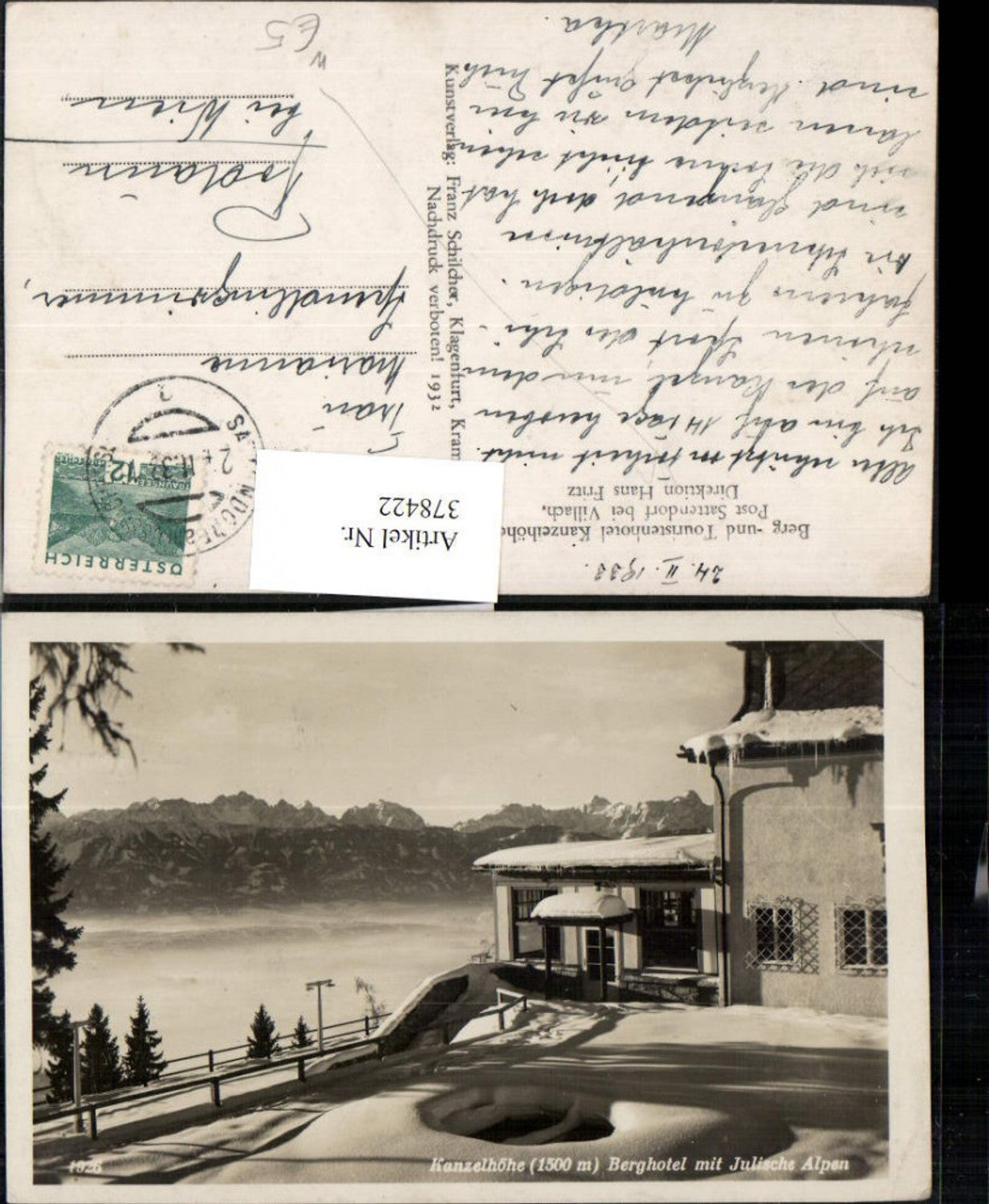 378422,Kanzelhöhe Berghotel b. Sattendorf m. Julische Alpen Bergkulisse pub Franz Schilcher 1926
