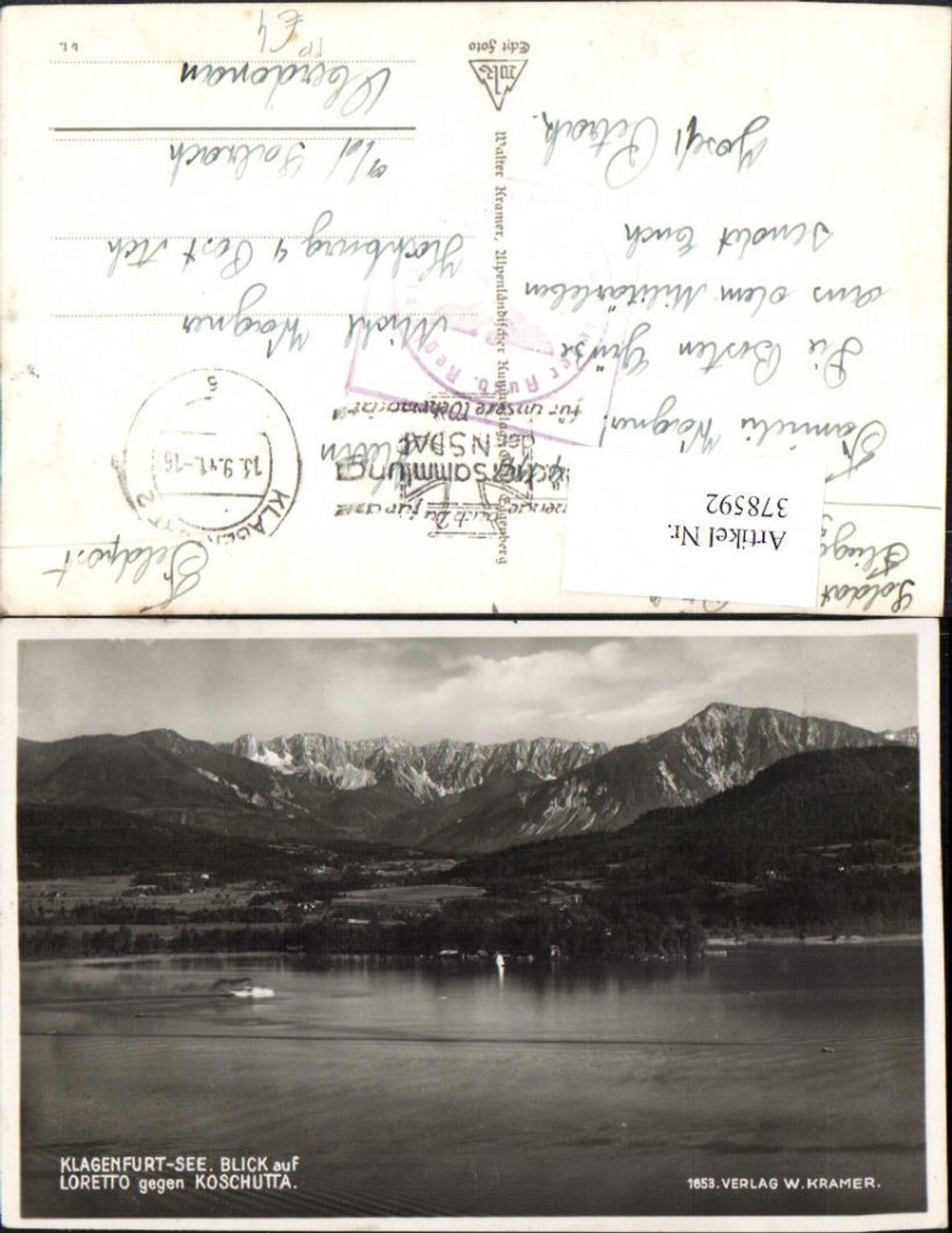 378592,Klagenfurt See Blick auf Loretto geg. Koschutta Bergkulisse Feldpost 5. Flieger Ausb. Regt. 14