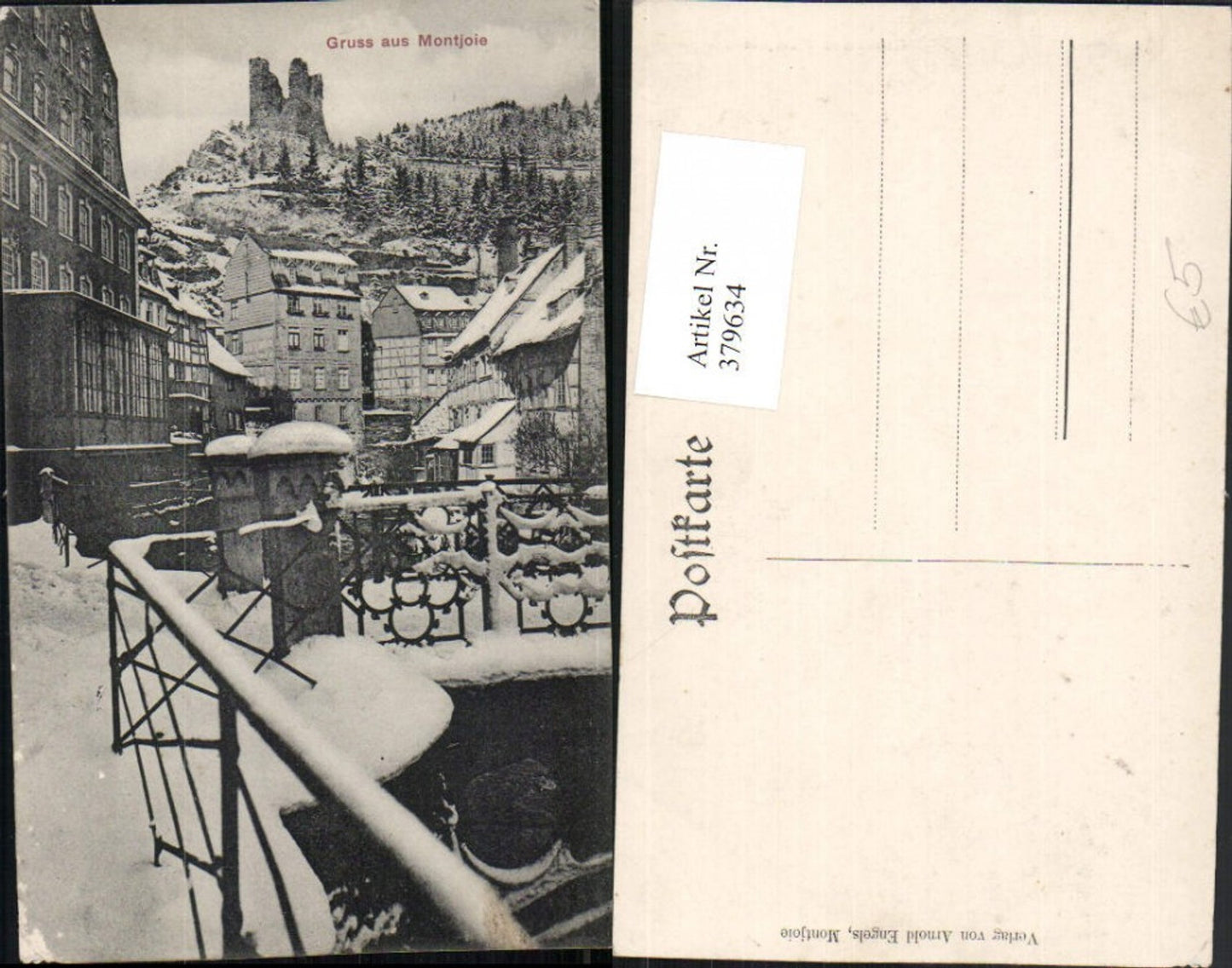 379634,Gruß aus Montjoie Monschau in d. Eifel Teilansicht m. Ruine Winterbild