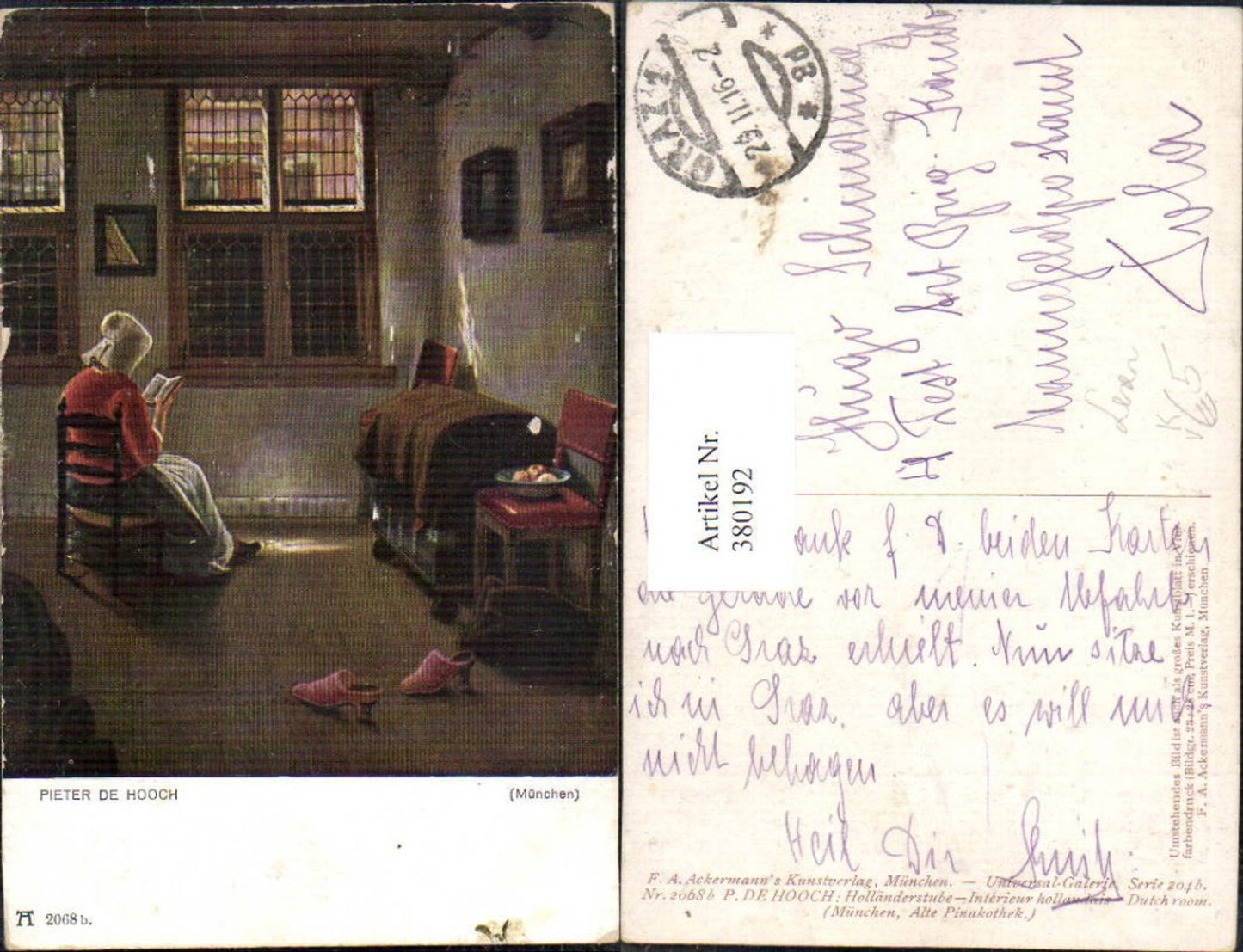 380192,Künstler Ak Pieter de Hooch Holländerstube Frau liest Buch Lesen pub F. A. Ackermann 2068b