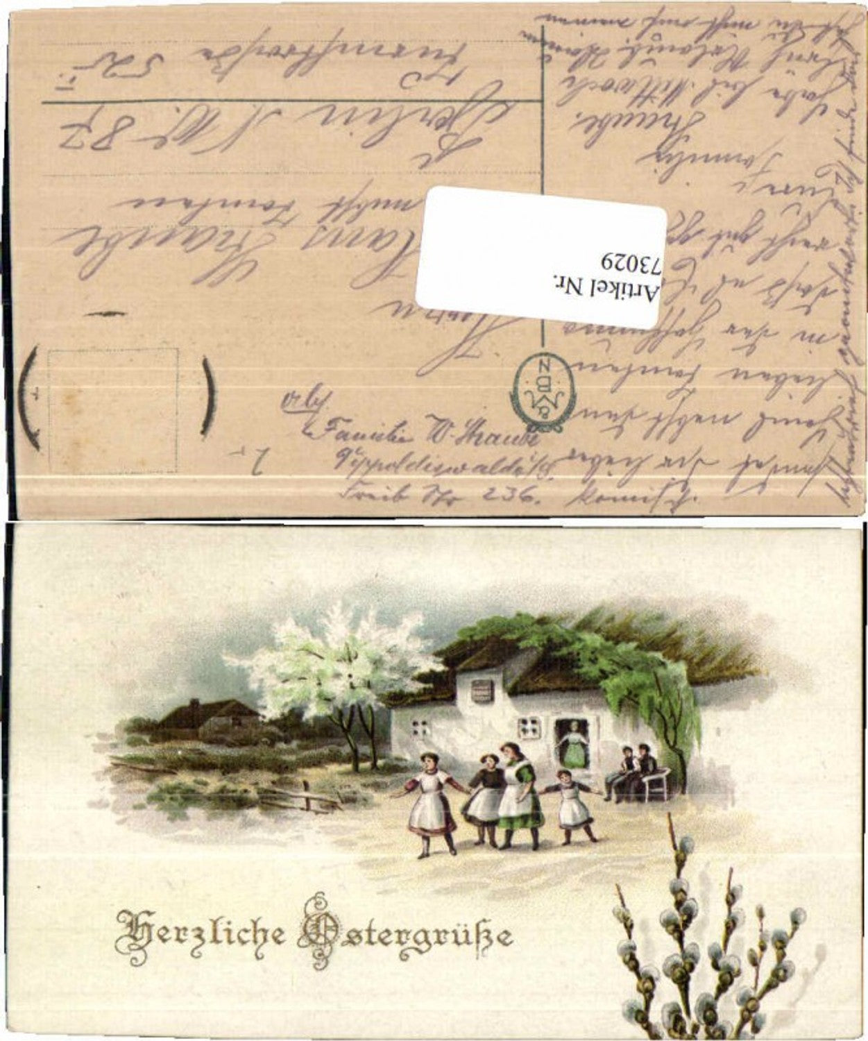 73029,Litho Ostern Familie Palmkätzchen bauernhof