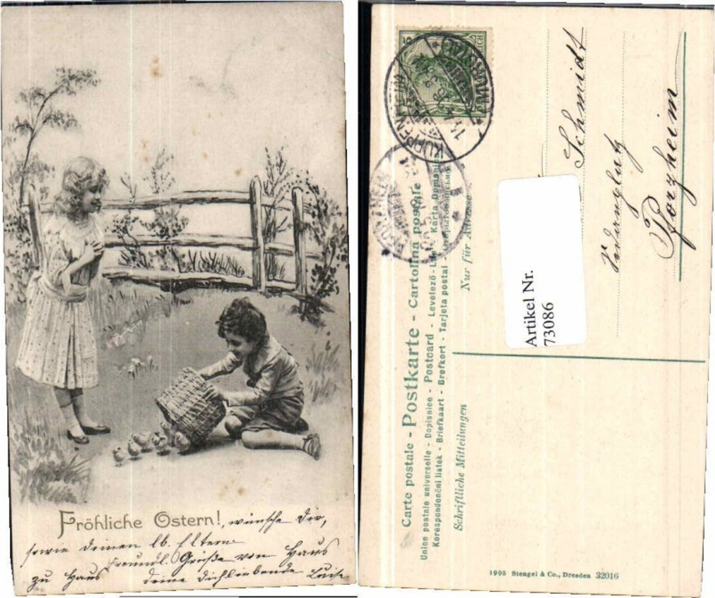 73086, Easter children chicks in the garden 1905
