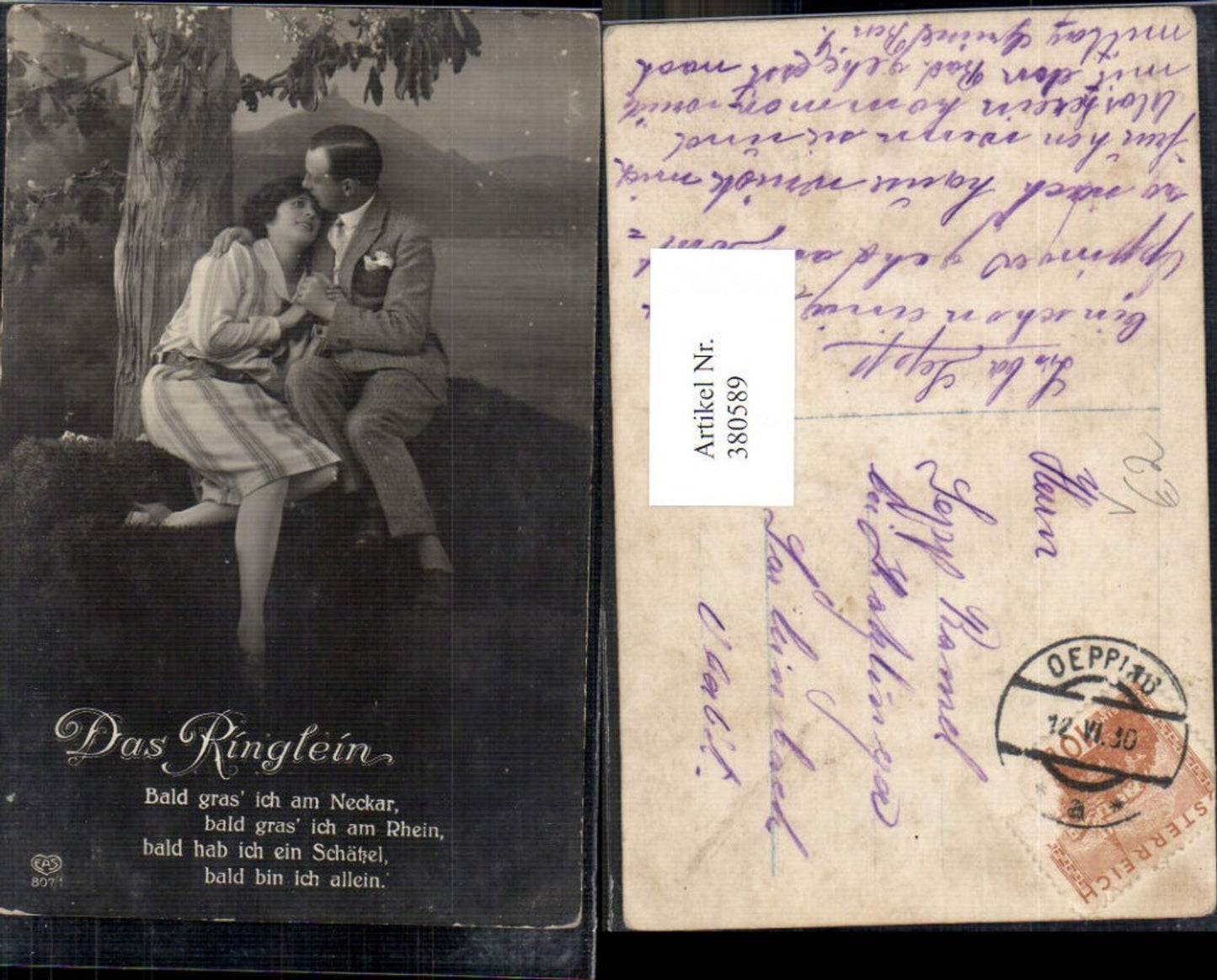 380589,Liebe Paar Kuss a. Stirn Baum Ufer Das Ringlein Text pub EAS 807/1