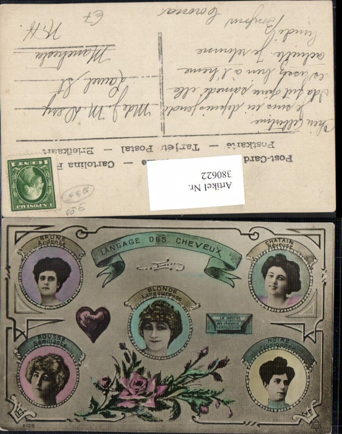 380622,Liebe Langage des Cheveux Frauen Portrait Blumen Rosen Herz Brief Kuvert