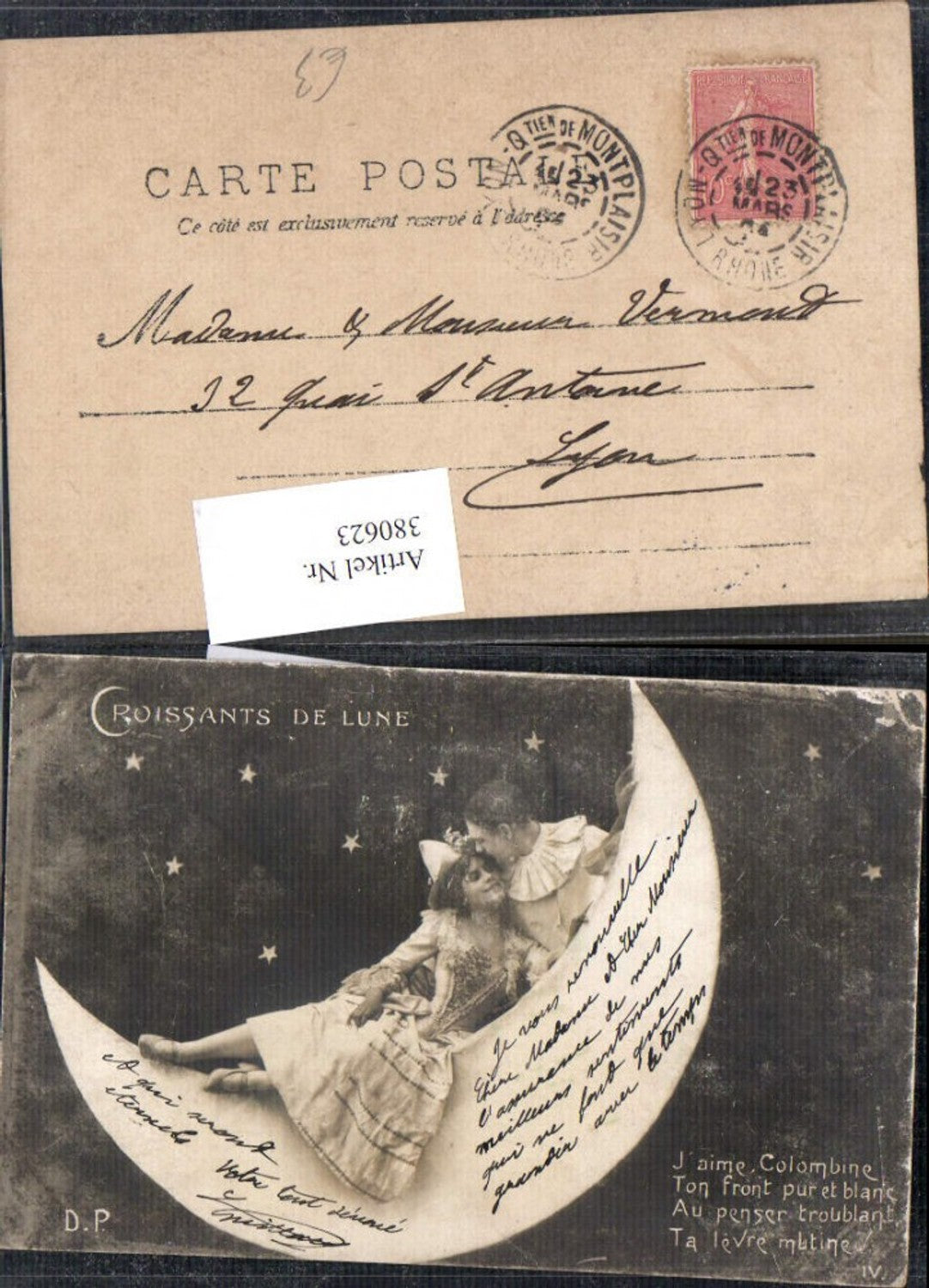 380623, Photomontage Love Couple Kiss Crescent Moon Harlequin Costume Croissants de Lune