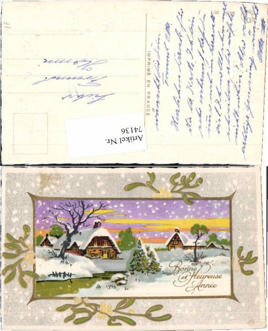 74136,Schöne Präge Litho Bonne Annee Winterlandschaft