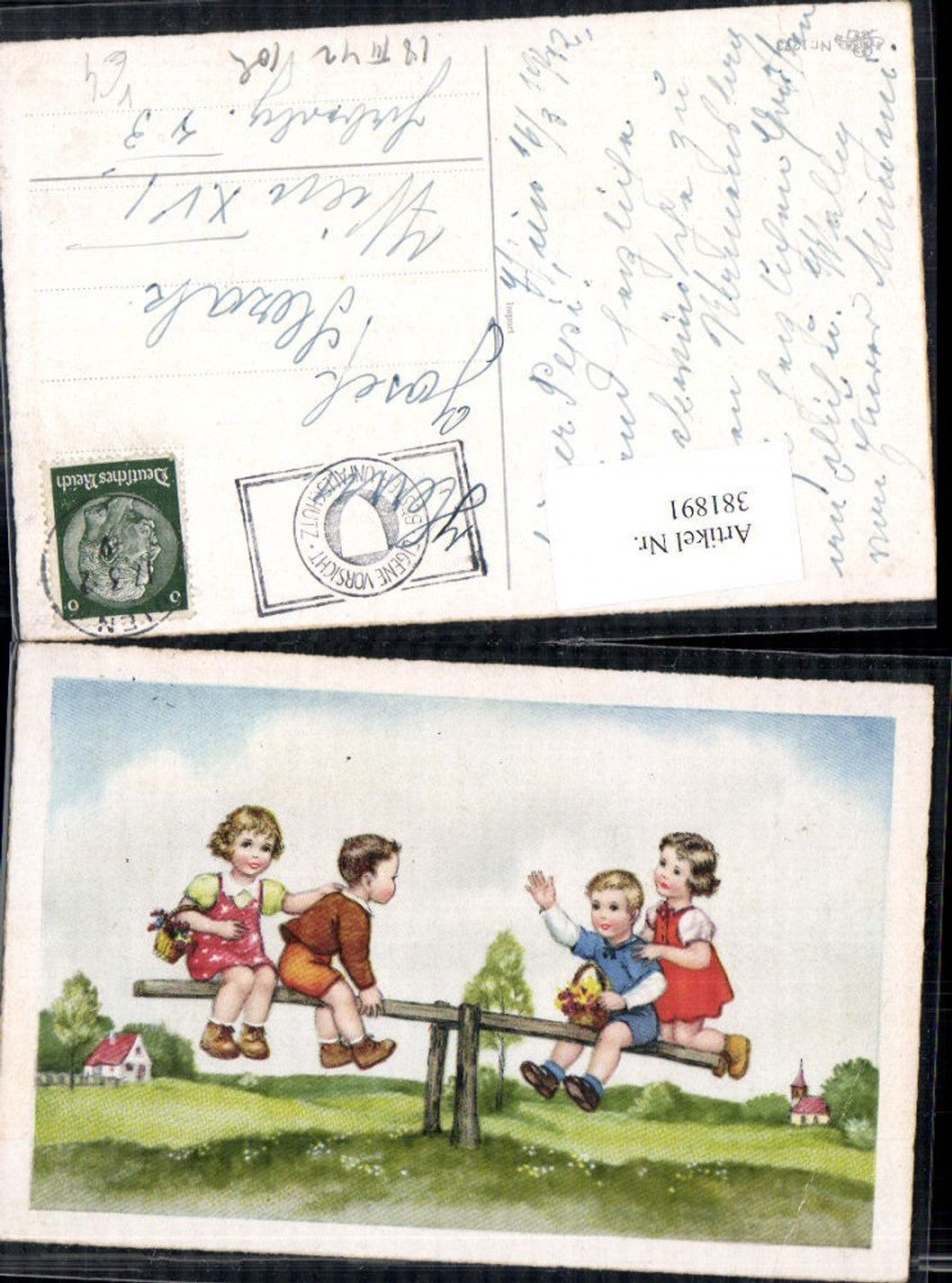 381891,Künstler Ak Kinder Spielen Wippe Blumen Dorf pub Erika 1273