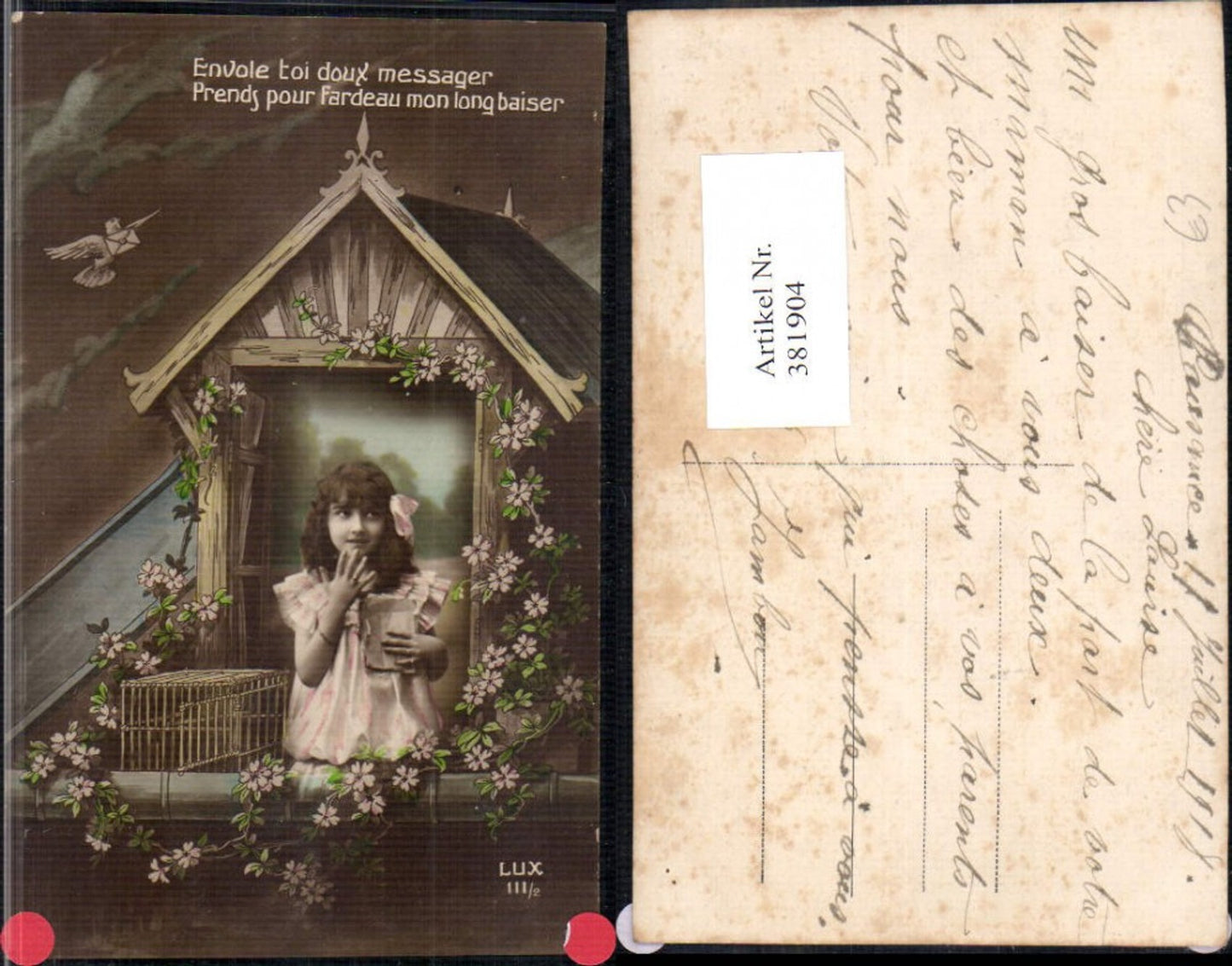 381904,Fotomontage Kind Mädchen Kleid Haarschleife Hütte Brieftaube Spruch pub LUX 111/2