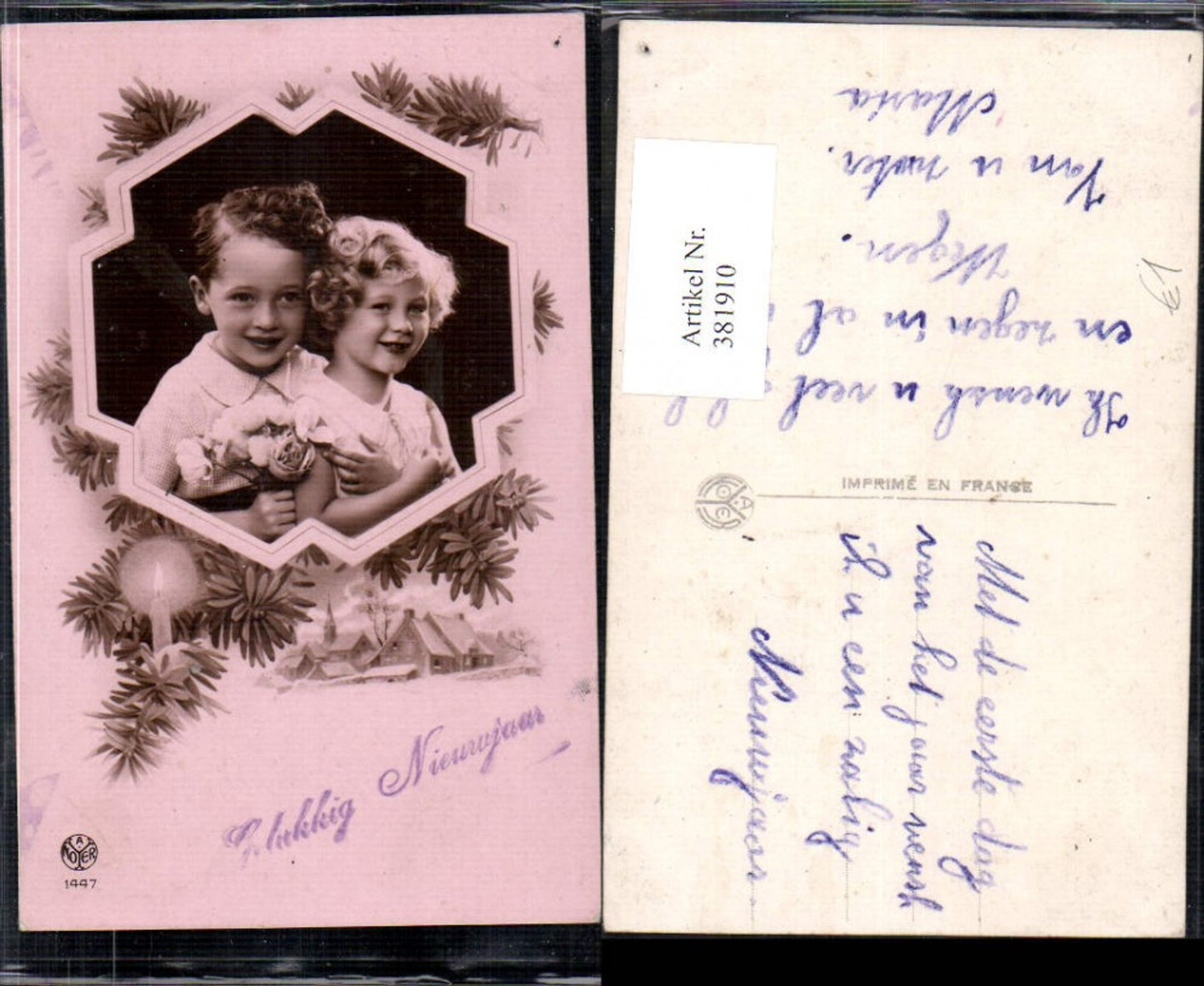 381910, Children laughing, roses, flowers, passe-partout, fir branch, winter village, pub, A. Noyer 1447