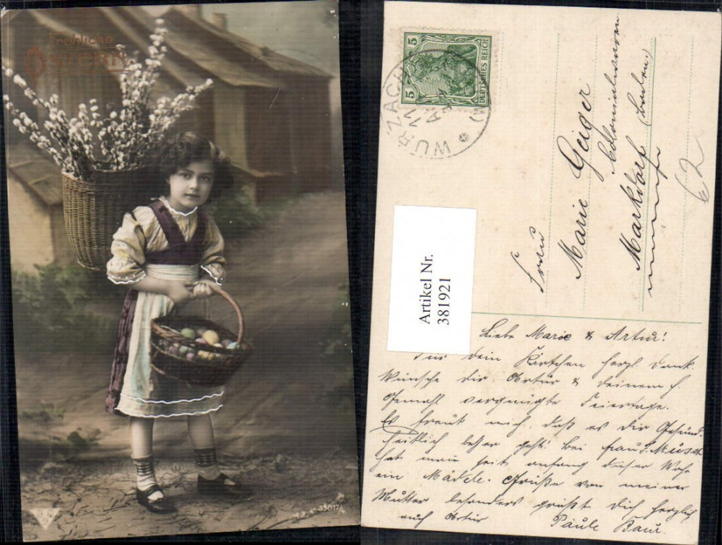 381921,Kind Mädchen Lockenkopf Rückenkorb Korb Palmkätzchen Osterier Eier