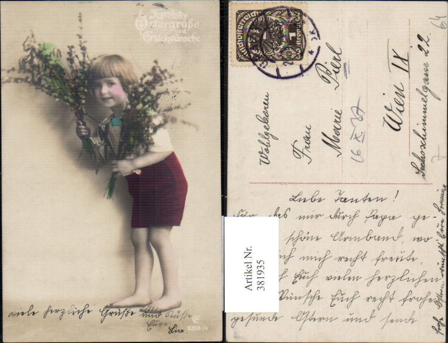 381935,Kind Bub Junge m. Blumenstrauß Palmkätzchen Weidenkätzchen