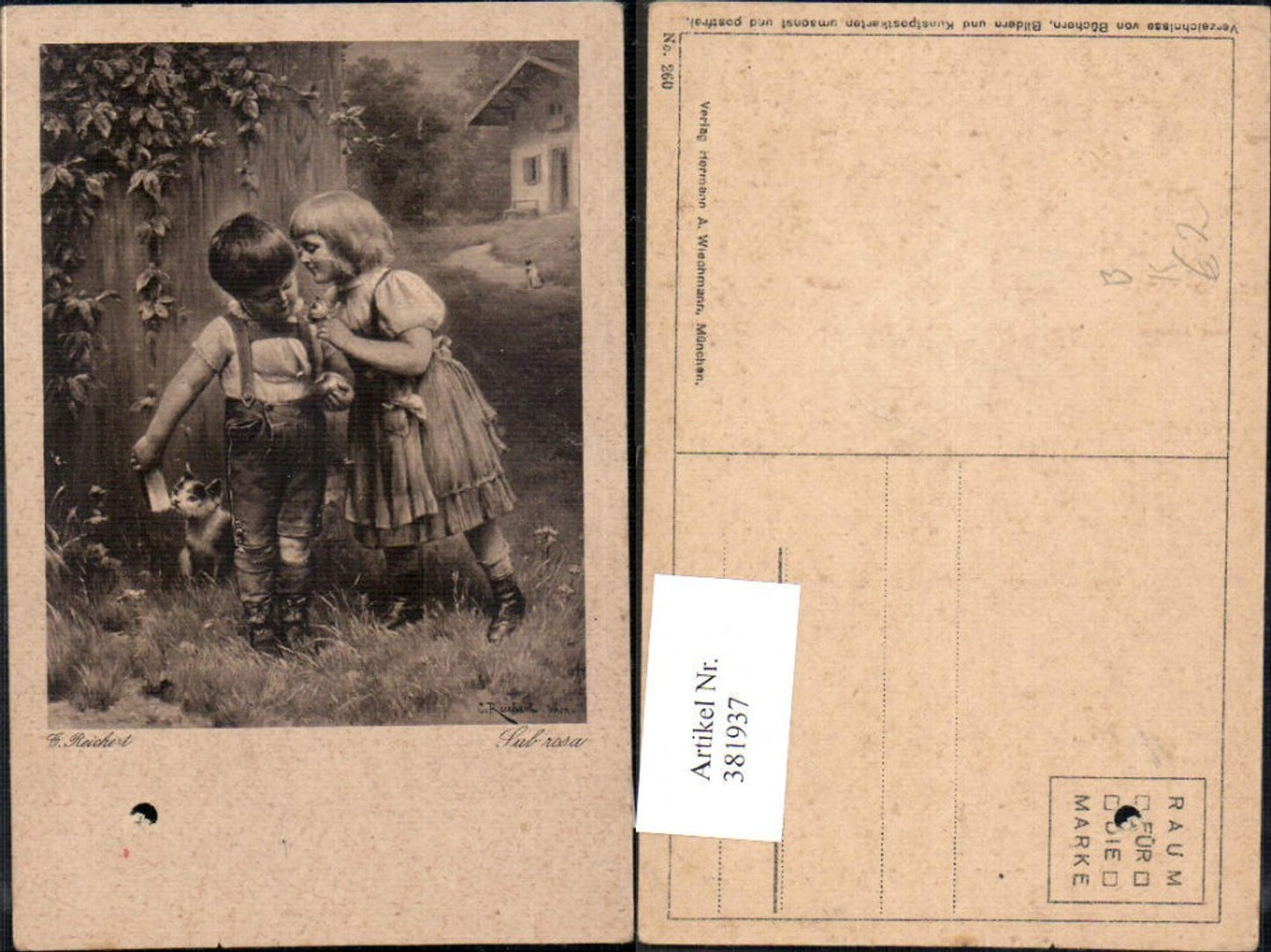 381937,Künstler Ak C. Reichert Sub rosa Kinder m. Katze Rose Blumen