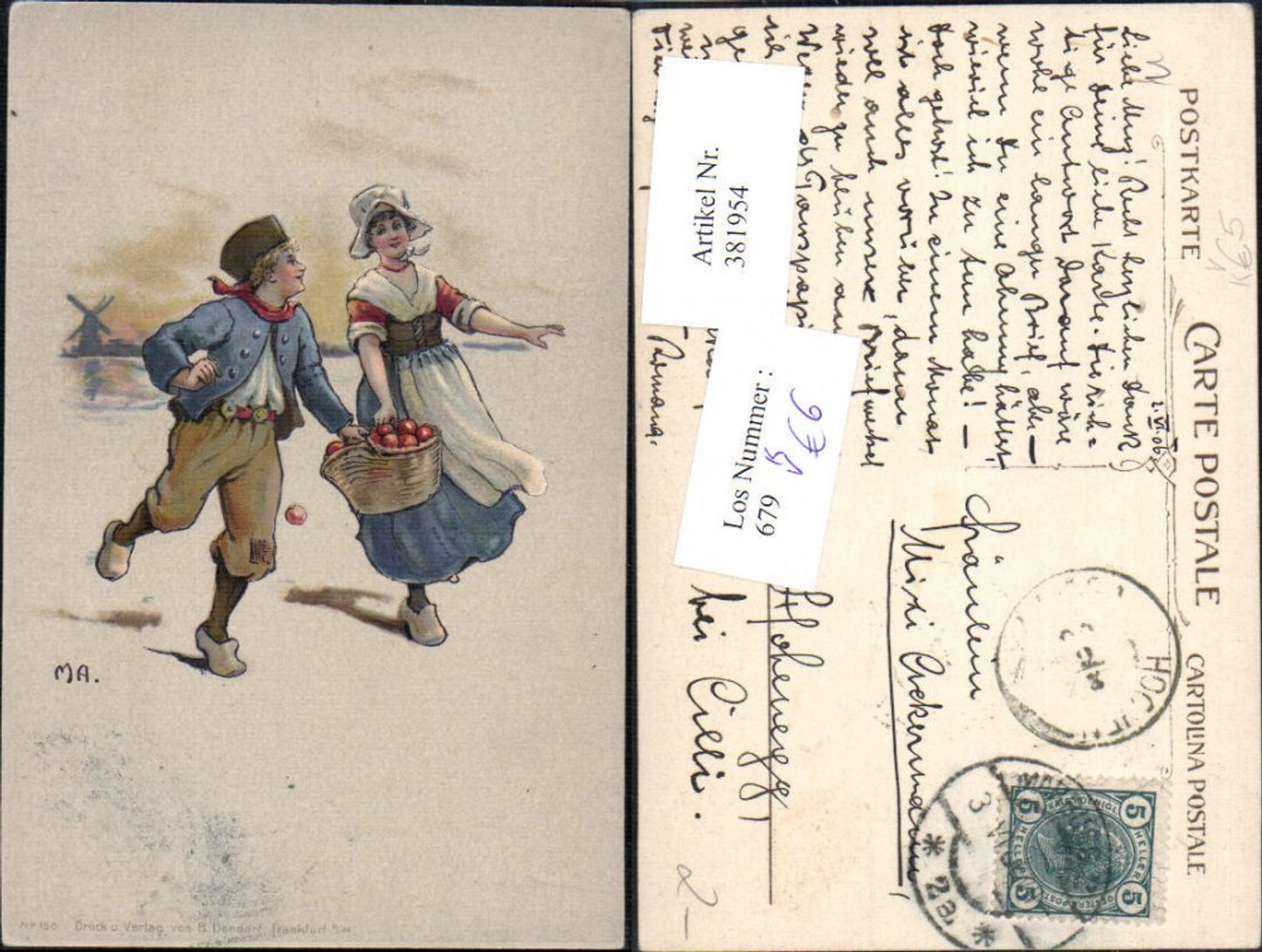 381954,Künstler Ak M. A. sign Kinder Tracht Niederlande Korb Äpfel Windmühle pub Dondorf 150