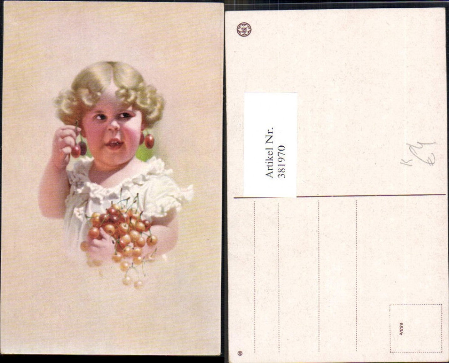 381970,Künstler Ak Kind Blondes Mädchen Lockenkopf Kirschen Früchte