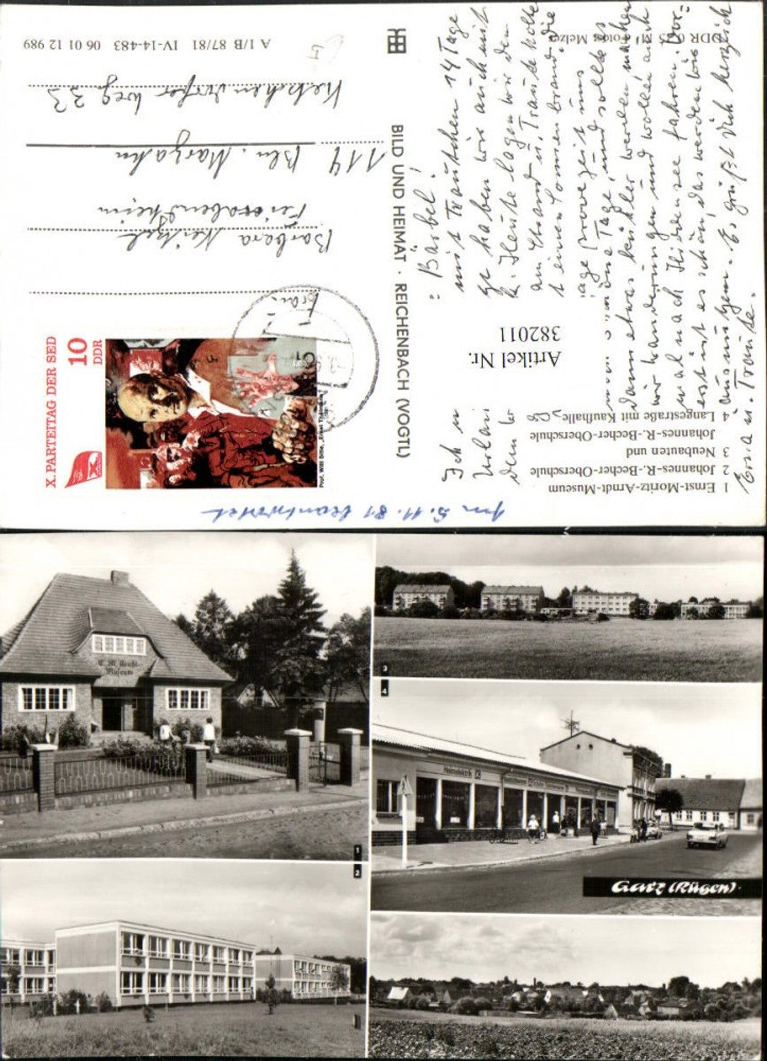 382011,Garz auf Rügen Ernst-Moritz-Arndt-Museum Oberschule Kaufhalle Mehrbildkarte