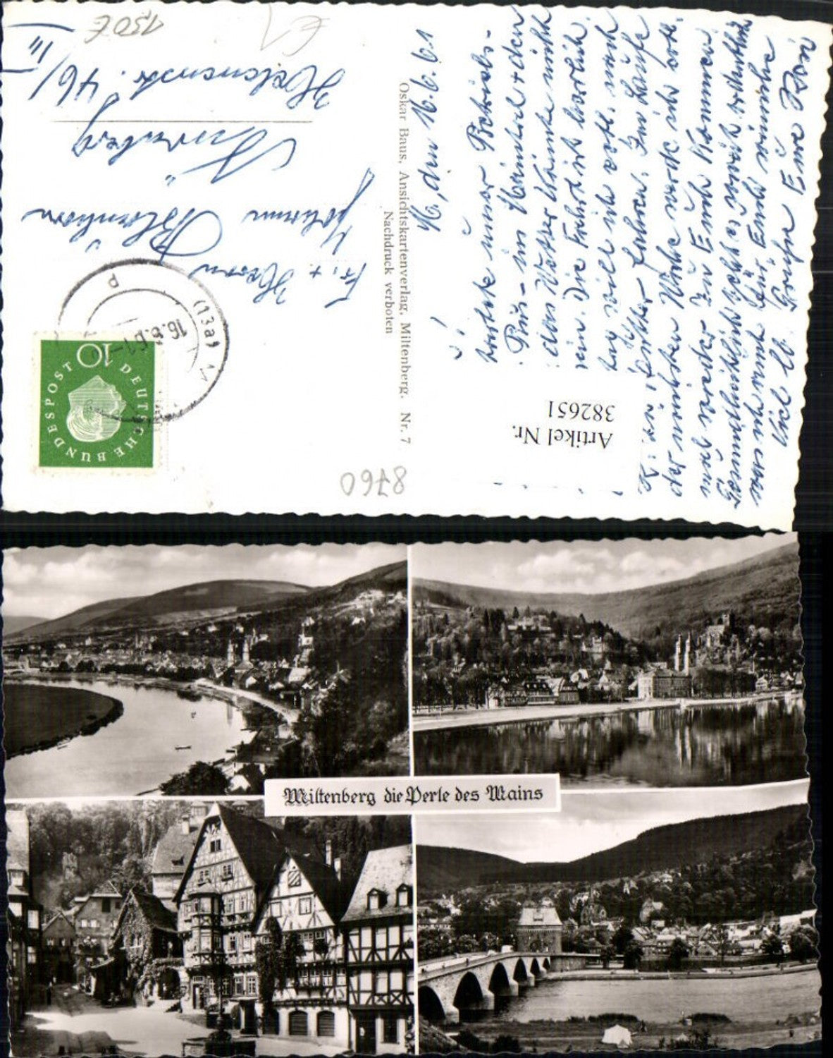 382651, Miltenberg am Main, Overview of the bridge, market square, half-timbered houses, multi-view map