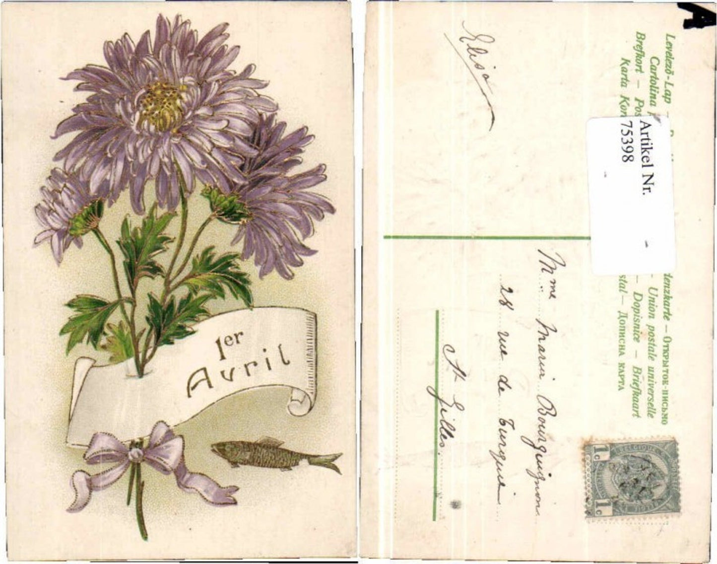 75398,Präge AK 1. April Fisch Blumen