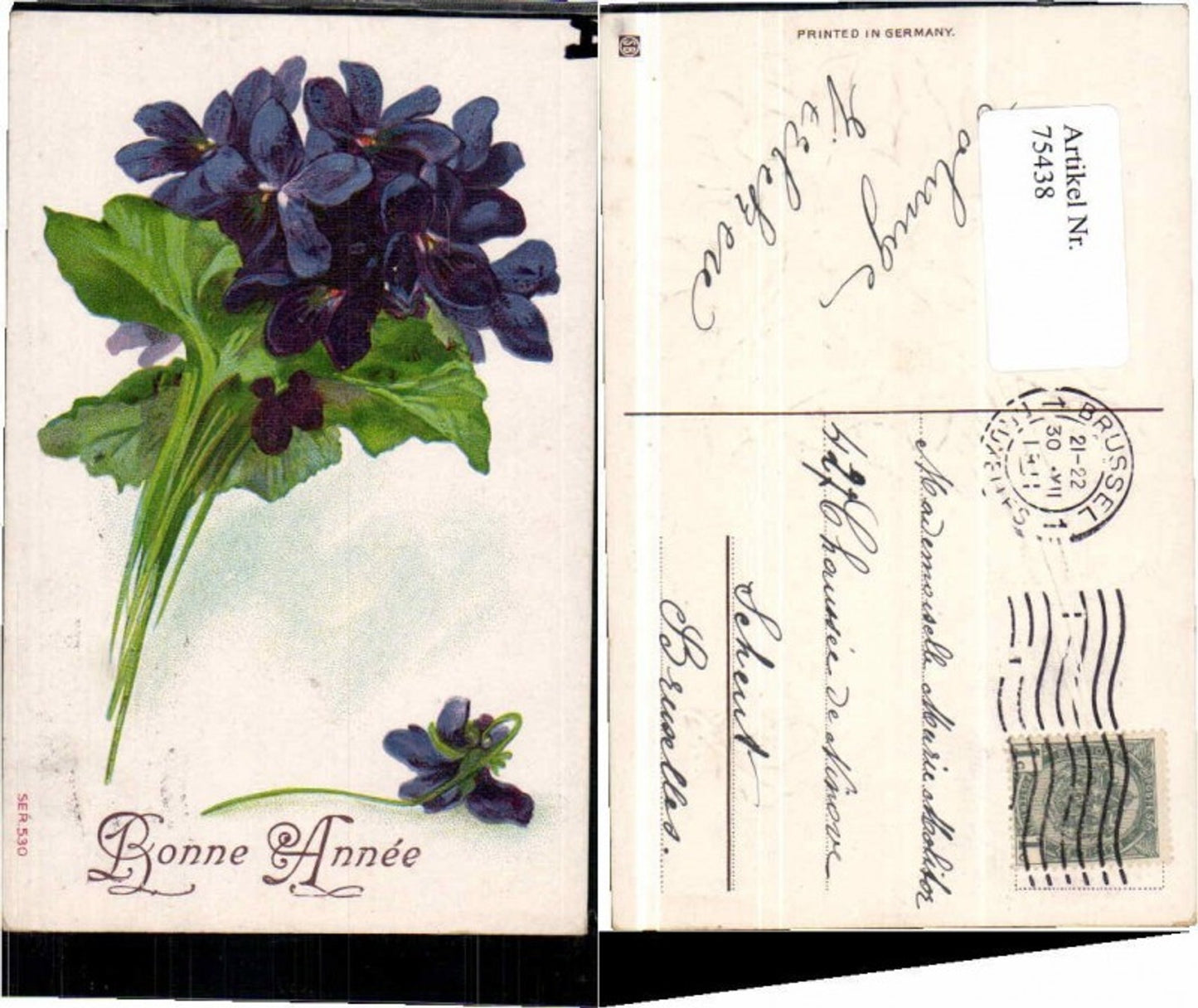 75438, embossed postcard, flowers, violets, Bonne Anne