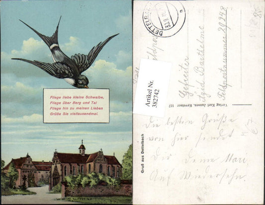 382742,Künstler AK Gruß aus Dettelbach Kirche Schwalbe Spruch