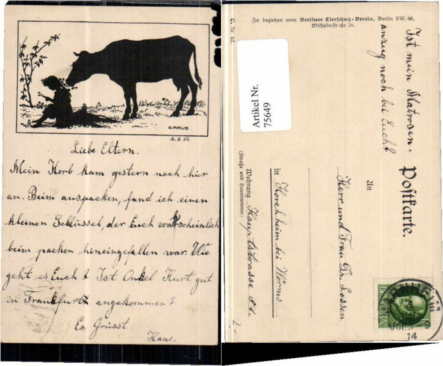 75649,Scherenschnitt Tierschutzverein Mädchen Carus Krause sign.