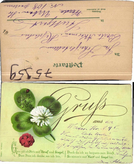 75959,Gruss aus Glücks Kleeblatt Blume Siegel 1900